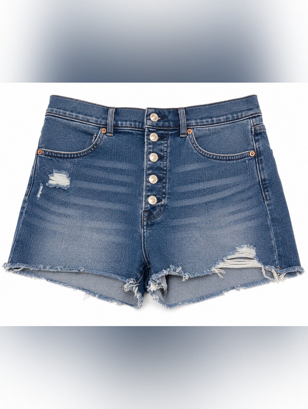 Express Super High Rise Mom Jean Shorts Size 10 Button Fly Distressed Denim